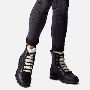 Sorel Lennox Black Shearling Waterproof Lace Cozy Ankle Boots